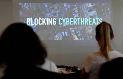 DUBAI , UNITED ARAB EMIRATES , SEP 20  ��� 2017 : - Guests watching the video presentation during the press conference of Kaspersky Lab regarding Cyber crime held at the Media One hotel in Dubai Media City in Dubai. ( Pawan Singh / The National ) Story by Nawal