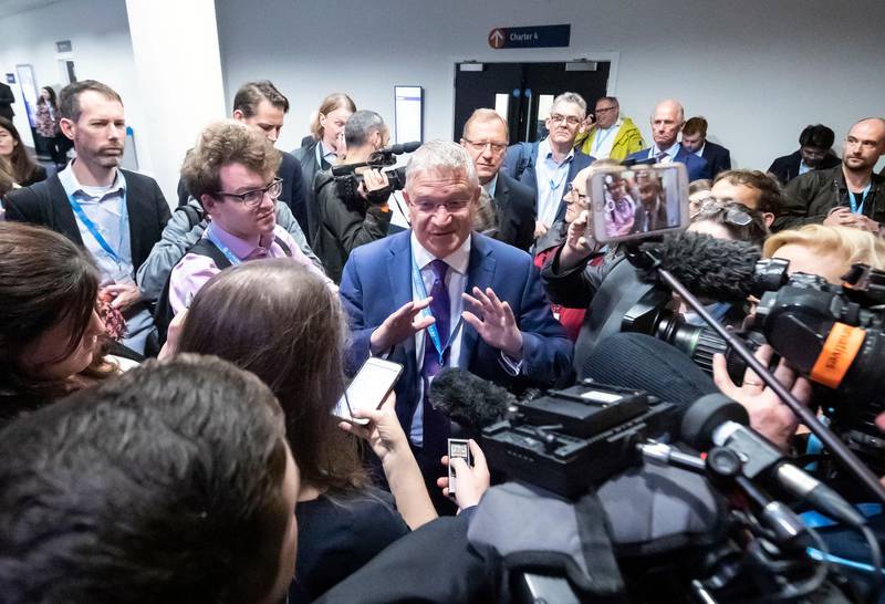 Andrew Rosindell MP talks to the press near the International Lounge at the Conservative Party conference, after incident involving MP Sir Geoffrey Clifton-Brown at the Manchester Convention Centre.