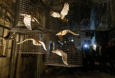 An art installation using model pigeons in a cage is exhibited in an alley in Old Damascus. The installation forms part of an exhibition titled Once upon a time, a window. All photos: AFP