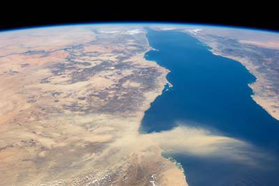 A dust plume surging over the Red Sea and reaching Saudi Arabia in 2013. The Nile River is visible on the top left side of the image.