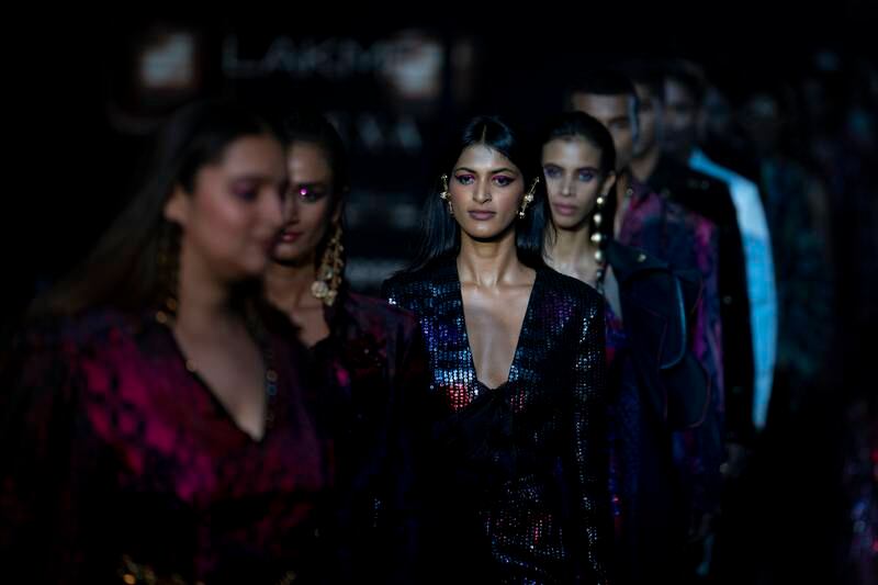 Models during the finale of Manish Malhotra's show at the 2022 FDCI X Lakme Fashion Week in New Delhi. AP