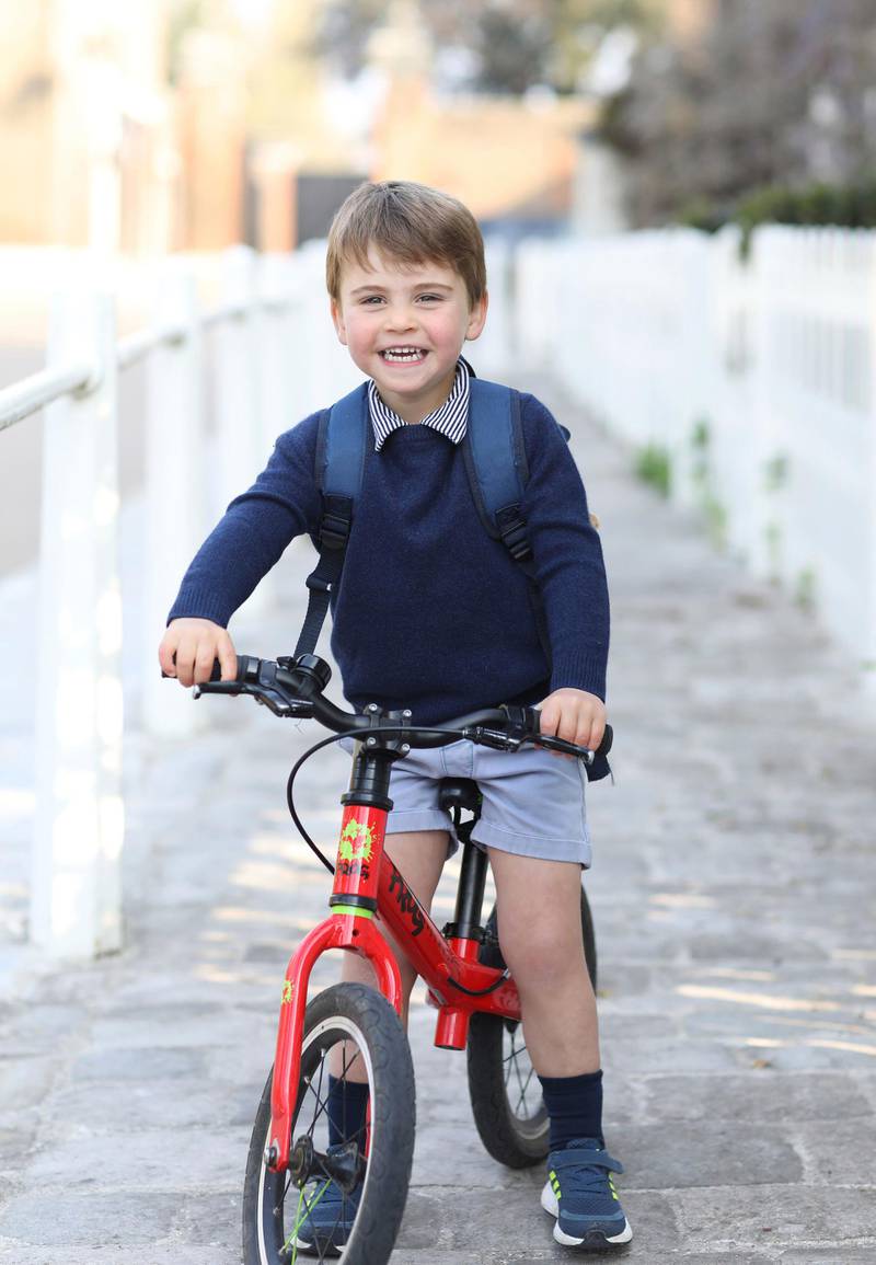 Prince Louis, who is celebrating his third birthday, smiles before his first day of attending Willcocks Nursery School, at Kensington Palace in London. AP Photo/Duchess of Cambridge