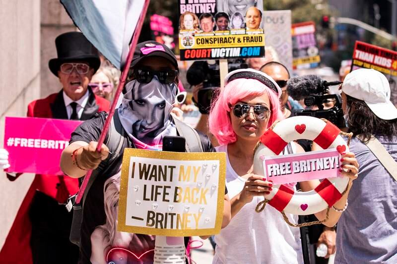 Demonstrators gather during a #FreeBritney protest in front of the court house where a hearing is scheduled in the Britney Spears' conservatorship case in Los Angeles, California.