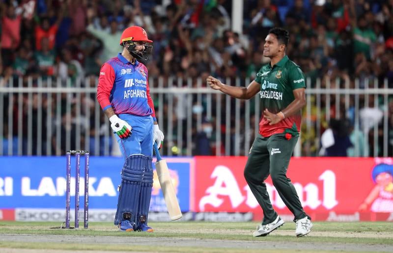 Afghanistan's Mohammad Nabi after being trapped lbw by Bangladesh bowler Mohammad Saifuddin.
