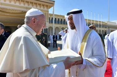 Pope Francis and Sheikh Mohamed during the pontiff's trip to Abu Dhabi in 2019. EPA  