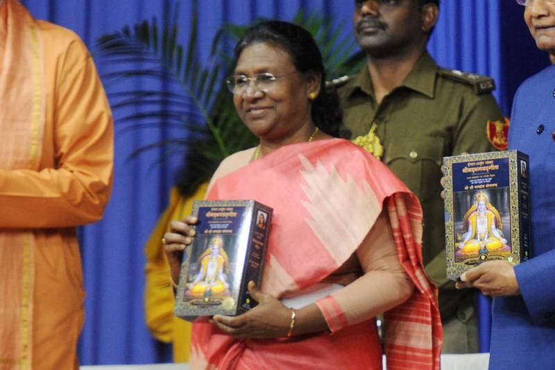 Governor Droupadi Murmu at the launch of a book discussing Hindu scripture. Getty