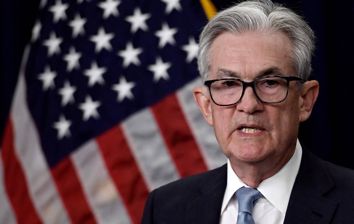 US Fed chairman Jerome Powell speaks at a news conference on Wednesday following the decision to raise interest rates by the steepest increment since 1994. AFP