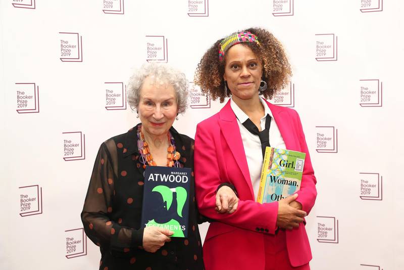 Margaret Atwood poses with Bernardine Evaristo after jointly winning the Booker Prize for Fiction 2019 at the Guildhall in London, Britain October 14, 2019. REUTERS/Simon Dawson