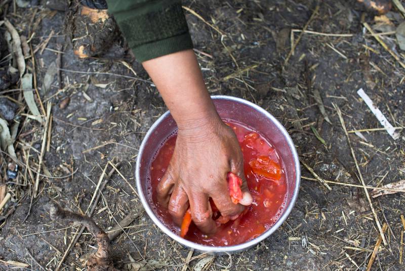 A Bedouin woman squeezes tomatoes by hand for a family lunch.