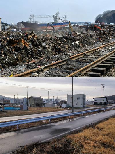 Top, a ship washed inland to the city of Kesennuma, Miyagi Prefecture, by the tsunami that struck Japan in 2011; below, the same area nearly 10 years later. AFP