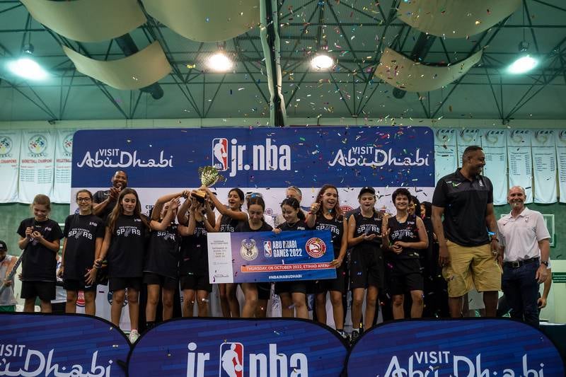 The San Antonio Spurs girls' team celebrate their Jr NBA Abu Dhabi victory.