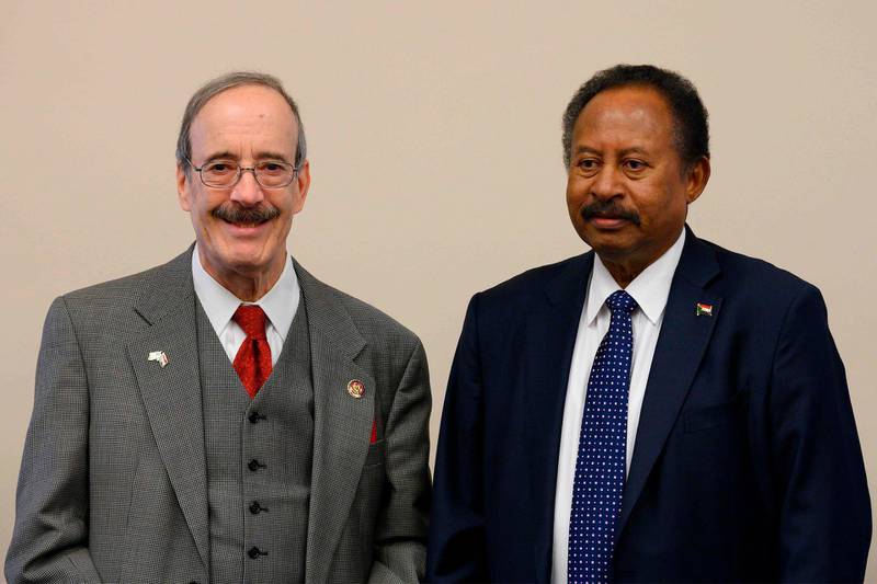Sudanese Prime Minister Abdalla Hamdok (R) meets with House Foreign Affairs Committee Chairman Eliot Engel (L), D-NY, on Capitol Hill in Washington, DC, on December 4, 2019. / AFP / JIM WATSON
