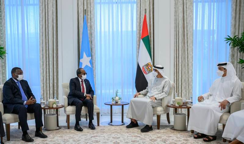 President Sheikh Mohamed meets Mr Mohamud at Al Shati Palace, alongside Sheikh Mansour bin Zayed, Deputy Prime Minister and Minister of Presidential Affairs.