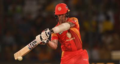 Luke Ronchi (L) of Islamabad United hits a ball during the Pakistan Super League final match between Peshawar Zalmi and Islamabad United at the National Cricket Stadium in Karachi on March 25, 2018.
 / AFP PHOTO / ASIF HASSAN