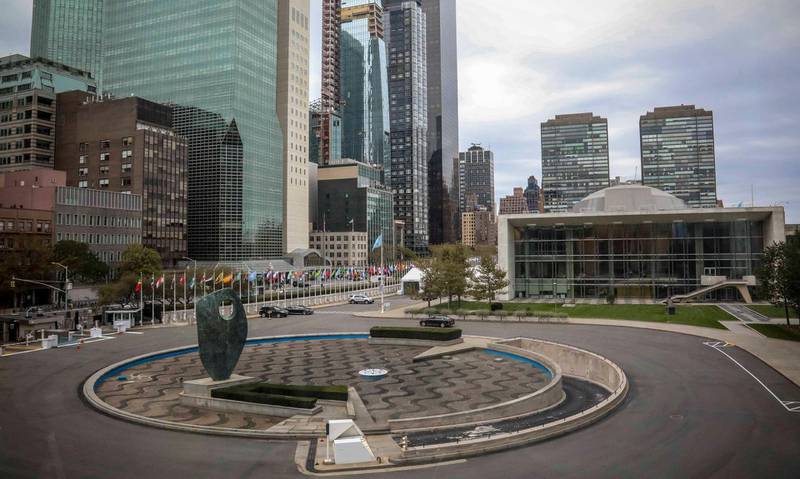 The United Nations headquarters iconic water fountain, constructed with funds donated by school children from across the United States in 1952, is currently off because of a cash crisis within the U.N., Friday Oct. 11, 2019. (AP Photo/Bebeto Matthews)