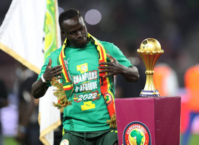 Senegal's Sadio Mane celebrates after winning the Africa Cup of Nations after a penalty shoot-out against Egypt at the Olembe Stadium in Yaounde on Sunday, February 6, 2022. Reuters