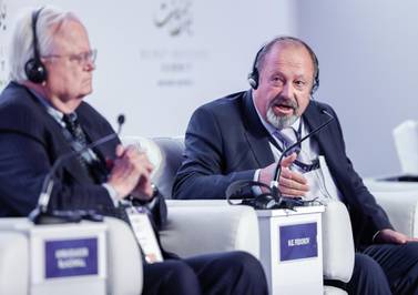 Andrei Fedorov,​ Chairman of the Fund for Political Research and Consulting speaks at the Beirut Institute Summit.  Victor Besa for The National 