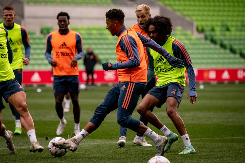 United attacker Jadon Sancho on the ball during training.
