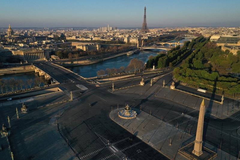 The deserted Place de la Concorde with the Eiffel tower in the background in Paris. Reuters