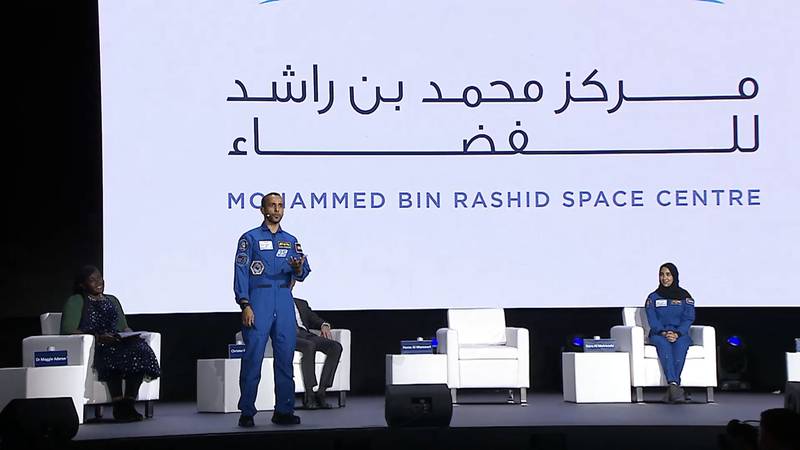 Maj Al Mansouri takes the stage during a Space Week panel session.