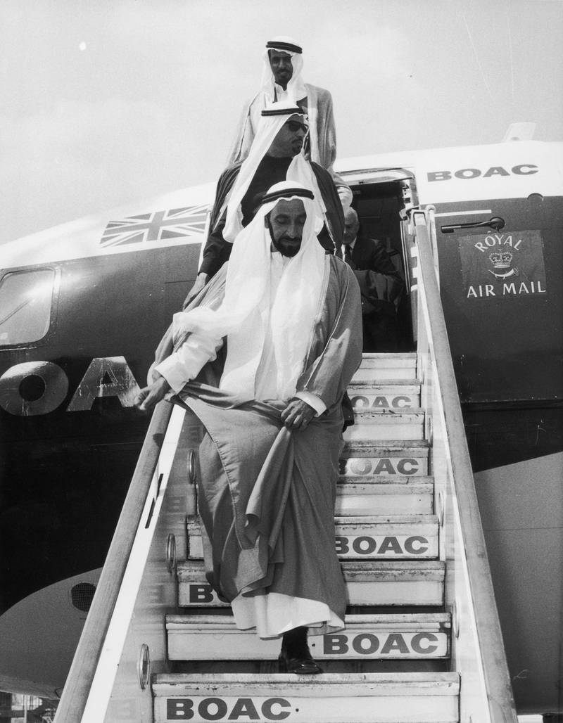 10h June 1969:  Sheikh Zayed bin Sultan al-Nahayan, ruler of Abu Dhabi arrives at Heathrow Airport,  London, at the start of his first official visit to Britain.  (Photo by Tim Graham/Fox Photos/Getty Images) *** Local Caption *** **EDS NOTE*** FOR USE WITH TIME FRAME /REVIEW SECTION*** PLEASE SPEAK WITH KAREN OR JO. 