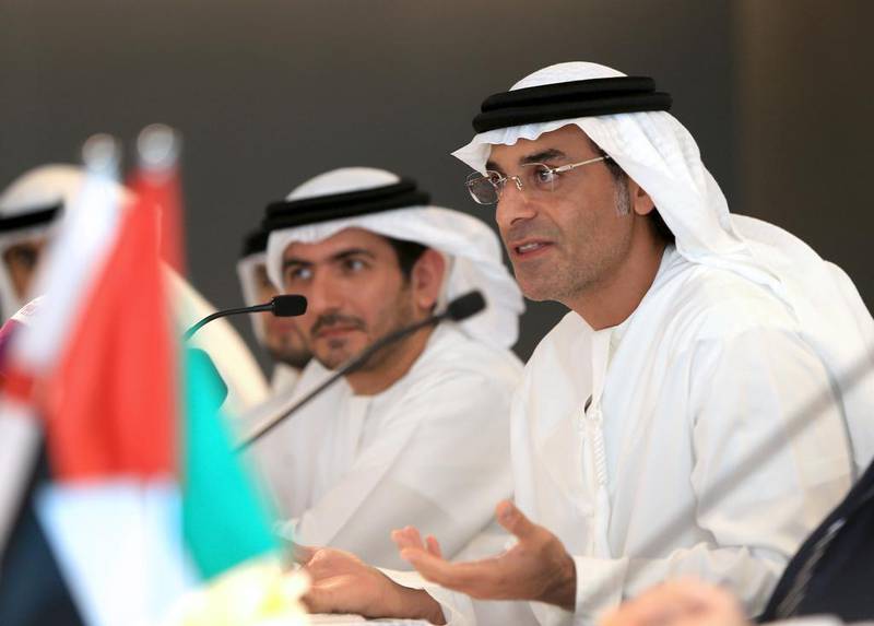 Khadem Al Qubaisi, the chairman of Arabtec Holding, right, with board member Mohamed Al Fahim during the press conference yesterday. Ravindranath K / The National