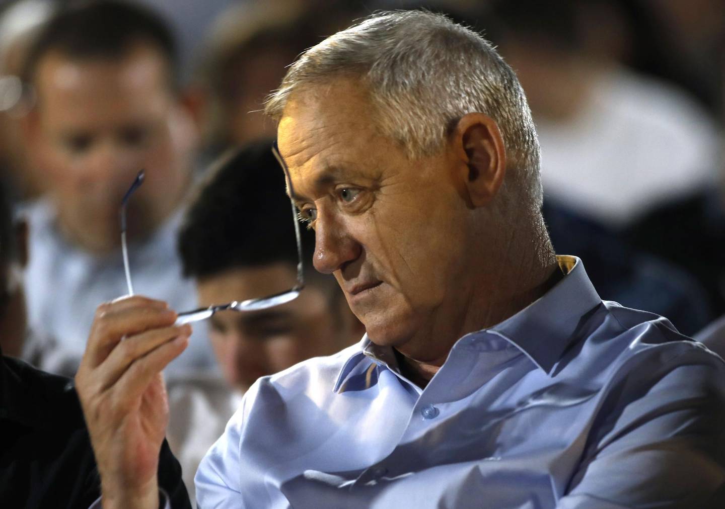 Retired Israeli General Benny Gantz, one of the leaders of the Blue and White (Kahol Lavan) political alliance, attends a campaign event in Yasud HaMaala in northern Israel on September 11, 2019. Israel will hold general elections on September 17. / AFP / JALAA MAREY
