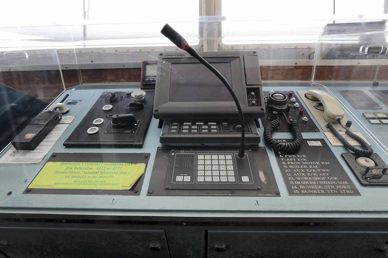 DUBAI, UNITED ARAB EMIRATES , Feb 20  – 2020 :- Different control panels in the Wheelhouse at the QE 2 in Dubai. QE2 recently launched Bridge tour for the public. (Pawan  Singh / The National) For Lifestyle. Story by Janice Rodrigues
