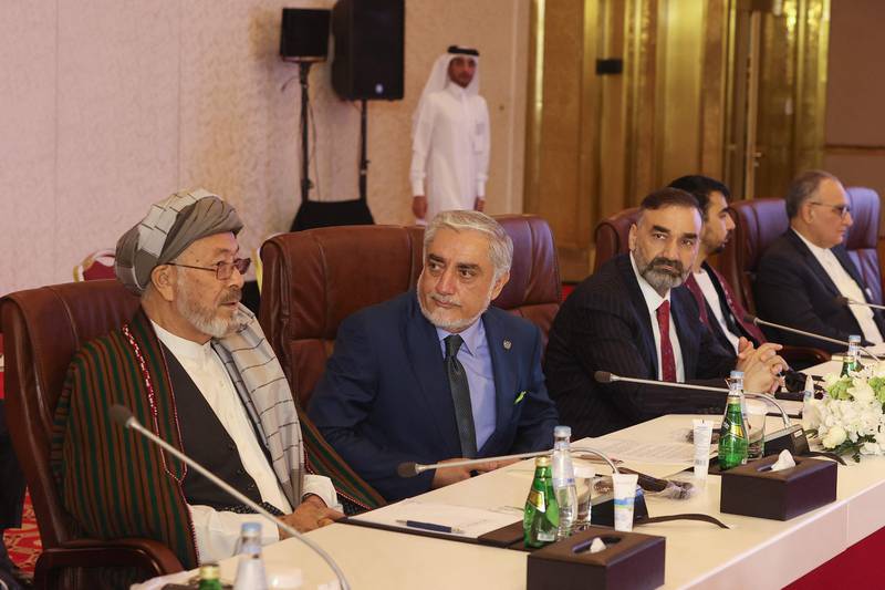 Afghanistan's former chief executive Abdullah Abdullah (2nd L) attends a session of the peace talks between the Afghan government and the Taliban in the Qatari capital Doha, on July 17, 2021.  (Photo by KARIM JAAFAR  /  AFP)