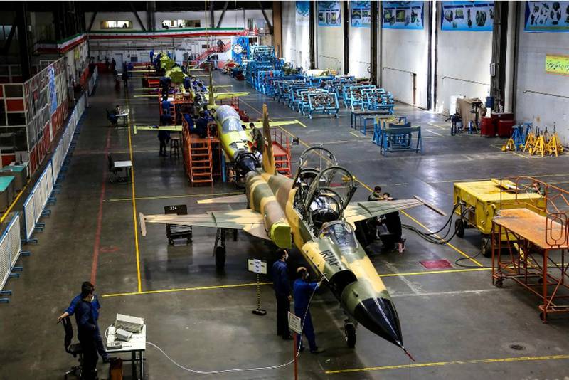 A  handout picture released by Iran's Defence Ministry on November 3, 2018 shows the porduction line of the "Kowsar" domestic fighter jet, a fourth-generation fighter, with "advanced avionics" and multi-purpose radar. (Photo by HO / IRANIAN DEFENCE MINISTRY / AFP)
