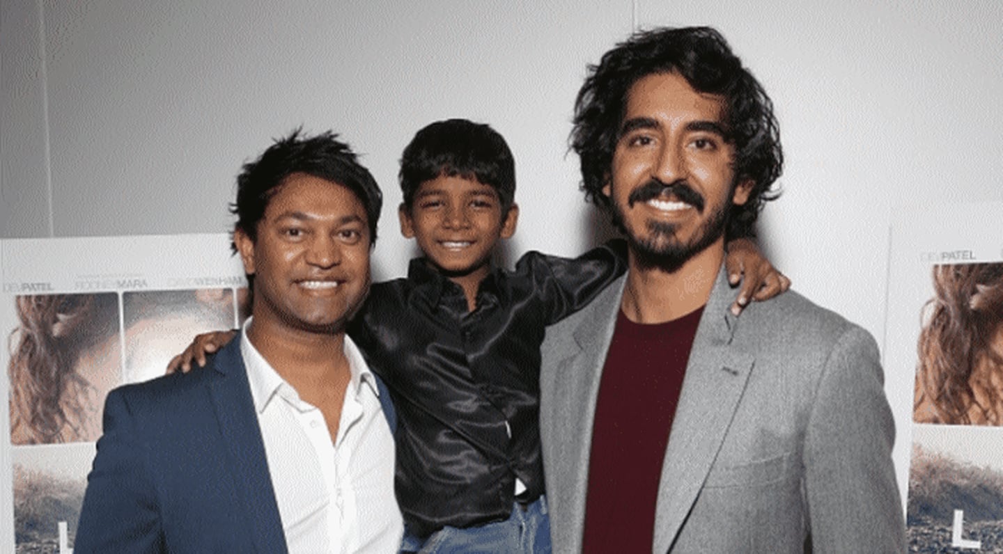 Brierley with Sunny Pawar, who played him as a child in the film, and Dev Patel. Courtesy Four Communications