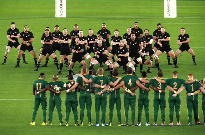 New Zealand players perform the Haka prior to the Rugby World Cup 2019 Group B game between New Zealand and South Africa at International Stadium Yokohama, Kanagawa, Japan. Getty Images