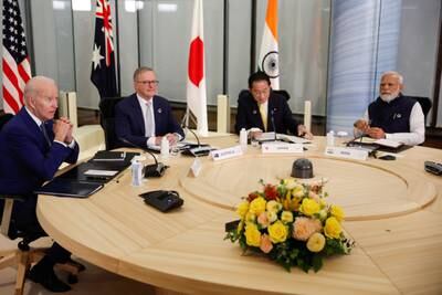 From left: US President Joe Biden, Australia's Prime Minister Anthony Albanese, Japan's Prime Minister Fumio Kishida, and India's Prime Minister Narendra Modi in a Quad meeting on the sidelines of the G7 summit in Hiroshima, Japan.  Reuters 