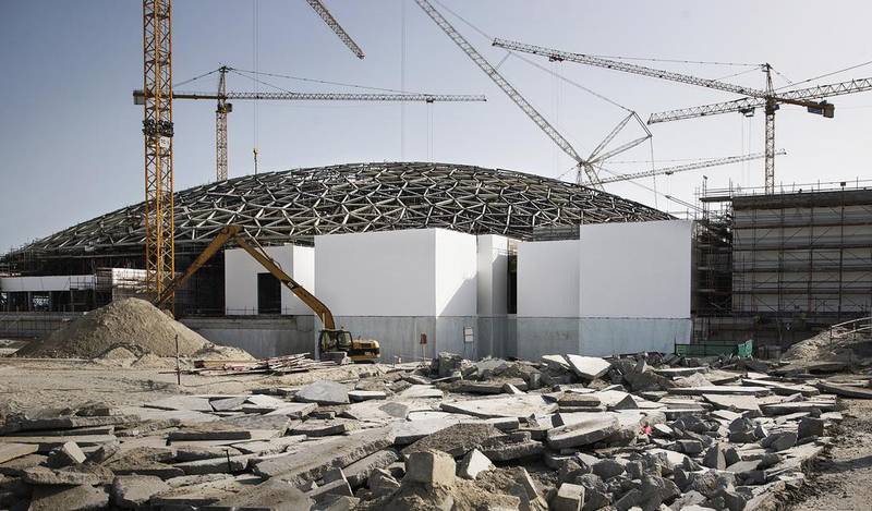 May 15, 2014: progress on the construction of the Louvre Abu Dhabi appears steadfast as more of the main dome pieces have been added and its curve is now clear; as seen at the future gallery’s construction site. Silvia Razgova / The National