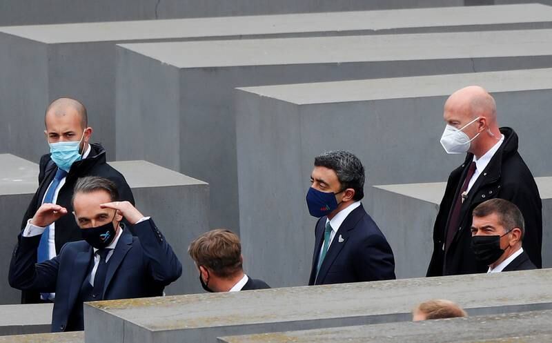Sheikh Abdullah bin Zayed, Minister of Foreign Affairs and International Co-operation and his Israeli counterpart Gabi Ashkenazi visit the Holocaust memorial together with German Foreign Minister Heiko Maas prior to their historic meeting in Berlin, Germany.  Reuters
