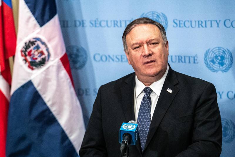 Mike Pompeo, U.S. secretary of state, speaks to members of the media after a United Nations Security Council meeting in New York, U.S., on Saturday, Jan. 26, 2019. Pompeo took the U.S. effort to recognize Juan Guaido as Venezuela's rightful leader to the United Nations, part of a broader campaign to replace President Nicolas Maduro, and said the choice is between freedom and mayhem. Photographer: Jeenah Moon/Bloomberg