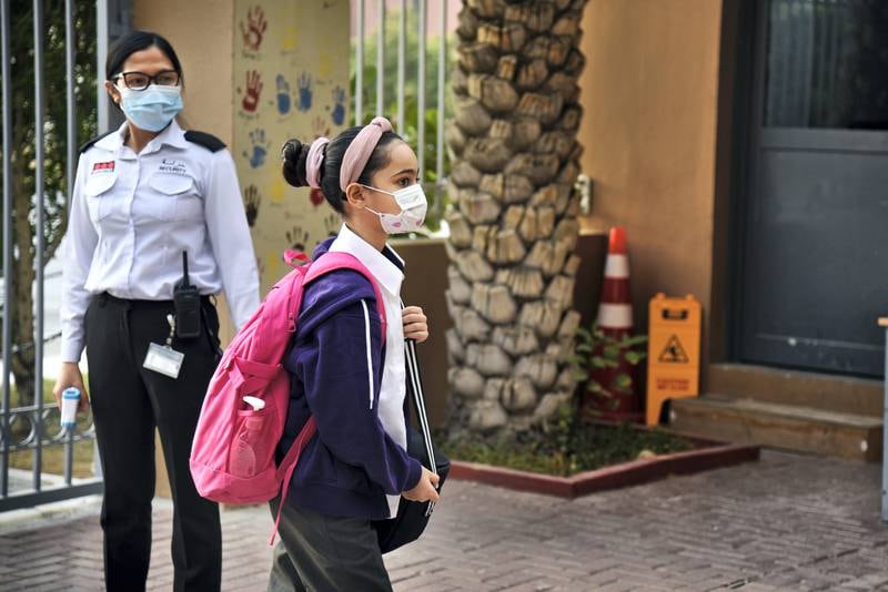 Student in protective face mask arrives at the Al-Mizhar American Academy as the government re-opens schools after months in the wake of Covid-19 pandemic in Dubai, UAE, Sunday, Aug. 30, 2020. (Photos by Shruti Jain - The National)