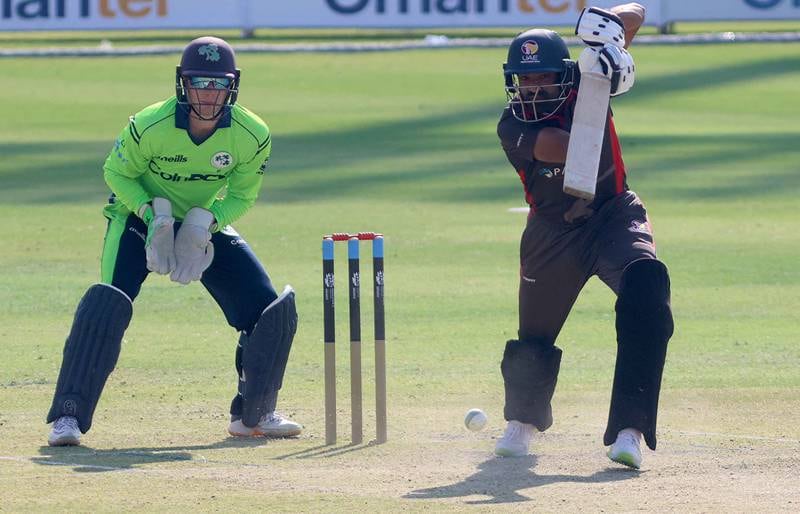 Zawar Farid of UAE plays a shot during the T20 World Cup Qualifier in Muscat. 