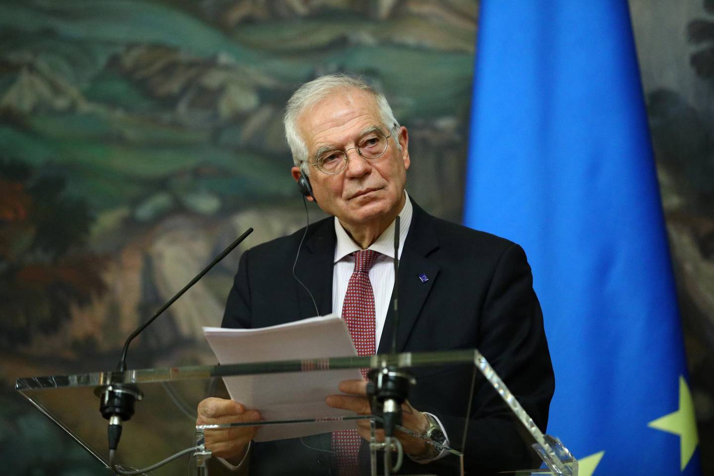 European Union's foreign policy chief Josep Borrell attends a news conference following a meeting with Russia's Foreign Minister Sergei Lavrov in Moscow, Russia February 5, 2021. Russian Foreign Ministry/Handout via REUTERS  ATTENTION EDITORS - THIS IMAGE WAS PROVIDED BY A THIRD PARTY. NO RESALES. NO ARCHIVES. MANDATORY CREDIT.