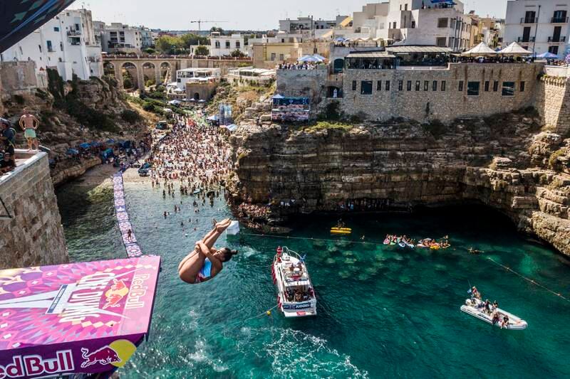 Australia's Xantheia Pennisi dives from the 21.5 metre platform during the final competition day of the sixth and final stop of the Red Bull Cliff Diving World Series at Polignano a Mare, Italy, on September 26. Getty