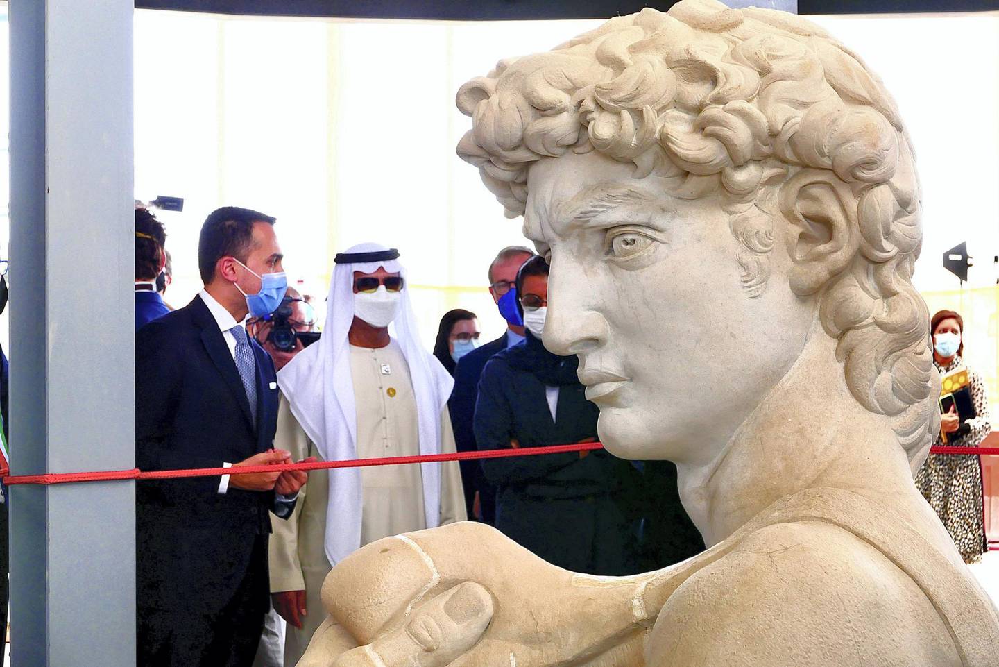David statue unveiled at the Italy pavilion at EXPO 2020 site in Dubai on April 27,2021. Sheikh Nahyan bin Mubarak Al Nahyan the UAE’s minister of tolerance, Reem Al Hashimy, UAE Minister of State for International Cooperation and other guests were also present during the unveiling ceremony. (Pawan Singh/The National) Story by Ramola