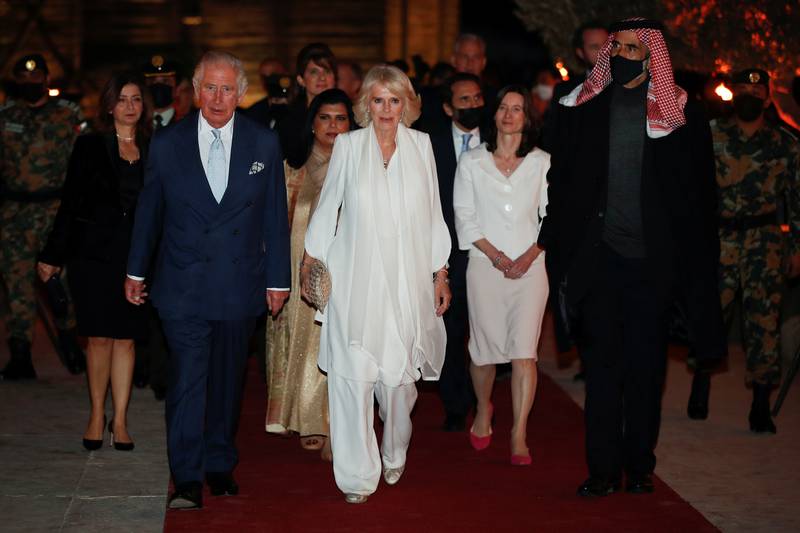 Prince Charles and Camilla, who is dressed in white Anna Valentine piece, attend a centenary celebration of the founding of the Jordanian state, at the Jordan Museum in Amman on November 17, 2021.  Reuters