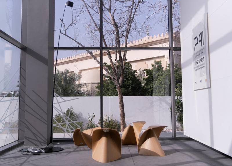 DUBAI, UNITED ARAB EMIRATES. 24 JULY 2019.Seating area at the exhibition space at the recently opened Al Safa Art and Design Library offers over 4,000 titles, group workspaces, meeting areas, a cafe, an art gallery, a lounge area, and a children’s library. (PHOTO: REEM MOHAMMED / THE NATIONAL)