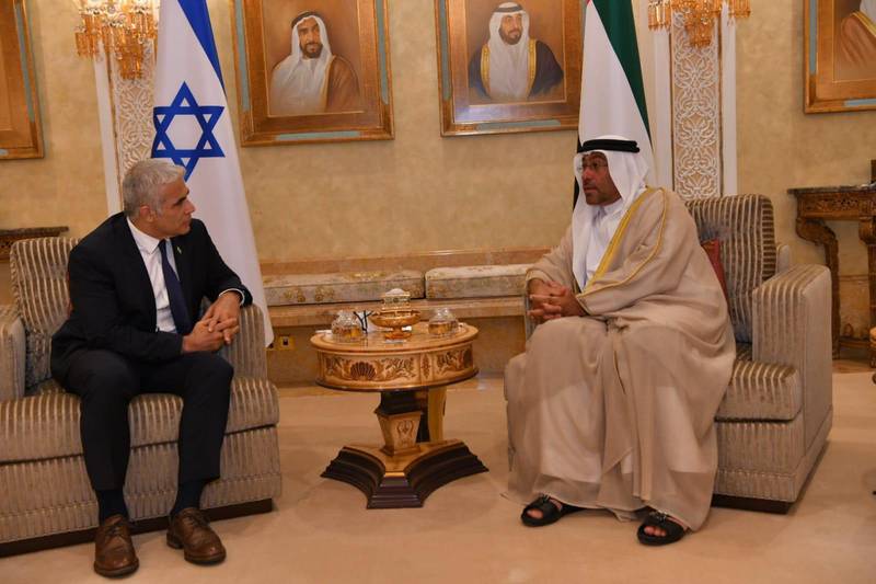 Israeli Foreign Minister Yair Lapid meets Minister of State Ahmed Al Sayegh in the UAE. It was the first official visit by an Israeli minister to the country. IsraelintheGulf via Twitter