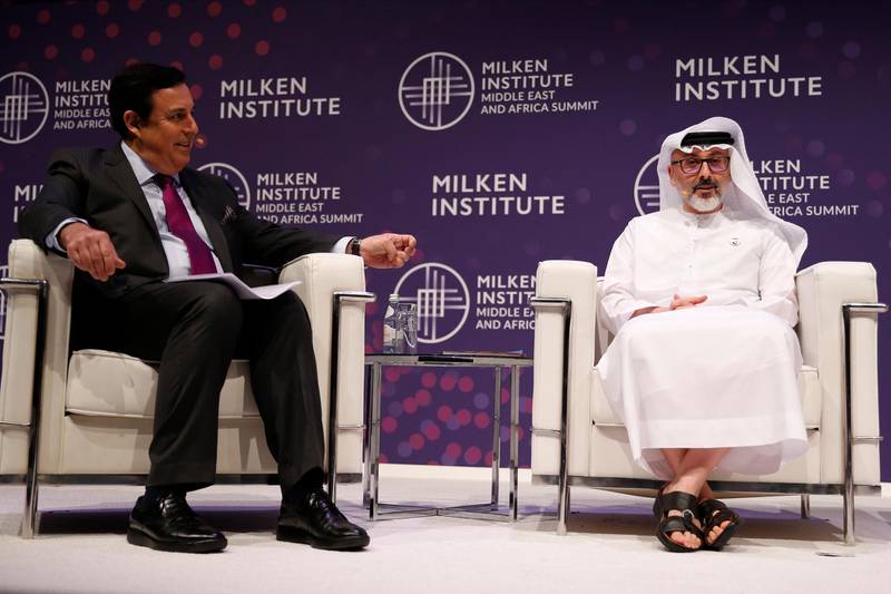 John Defterios, left, Emerging Markets Editor and Anchor of CNN, and Waleed Al Muhairi, right, Deputy Group CEO & Chief Executive Officer of Mubadala Investment Company. in conversation.  EPA