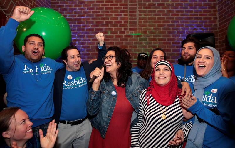 Democratic U.S. congressional candidate Rashida Tlaib celebrates with family and friends at her midterm election night party in Detroit, Michigan, U.S. November 6, 2018. REUTERS/Rebecca Cook