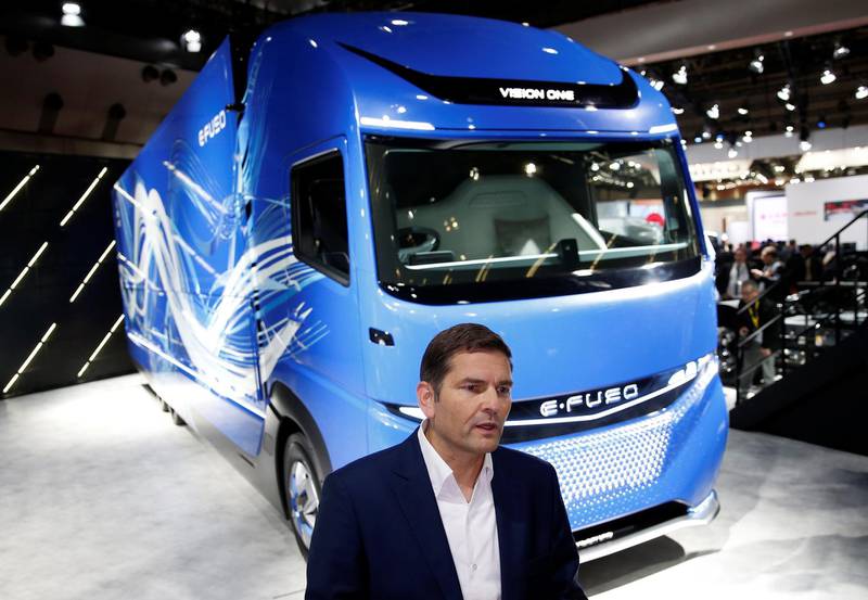 Mitsubishi Fuso Truck and Bus Corporation President and CEO Marc Llistosella speaks in front of the company's concept model E-Fuso Vision One during media preview of the 45th Tokyo Motor Show in Tokyo, Japan October 25, 2017.  REUTERS/Toru Hanai