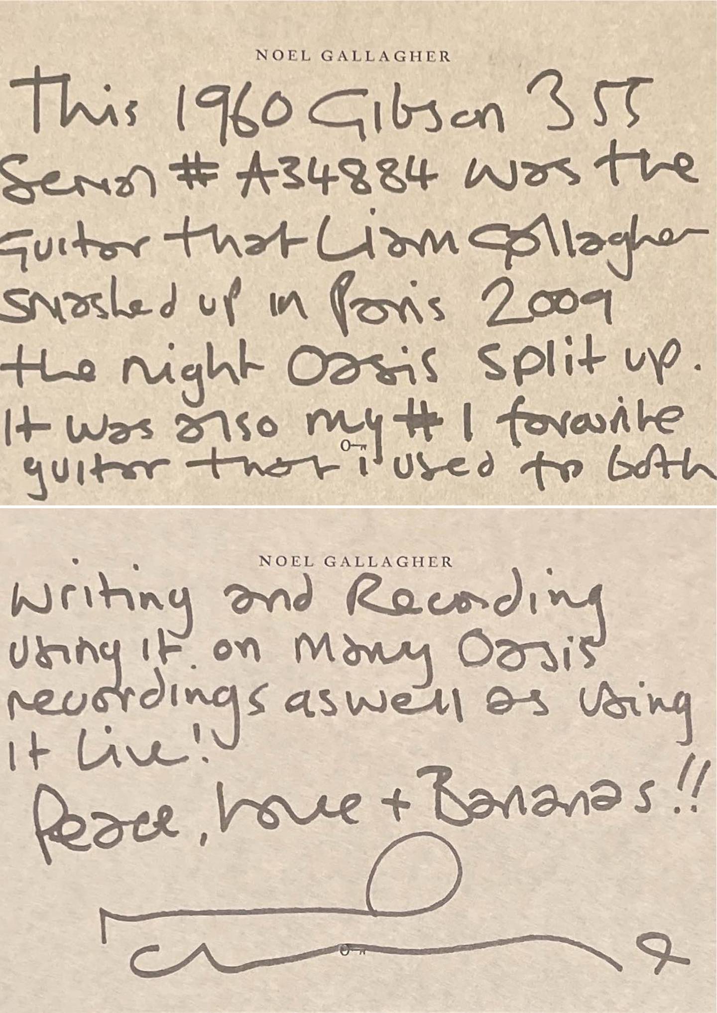 A note written by Noel Gallagher about the guitar. Photo: Philippe Dubreuille