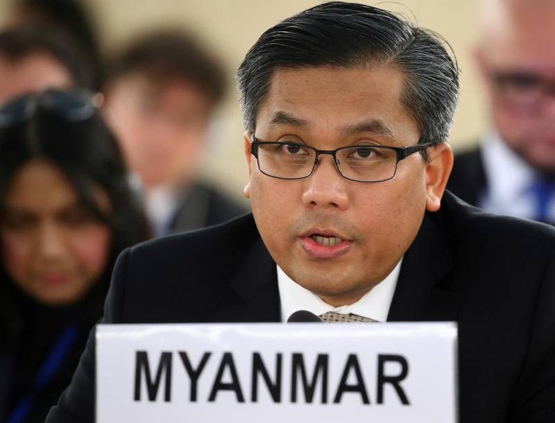 FILE PHOTO: Myanmar's ambassador Kyaw Moe Tun addresses the Human Rights Council at the United Nations in Geneva, Switzerland, March 11, 2019. REUTERS/Denis Balibouse/File Photo