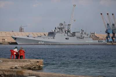 A Russian warship is seen docked in the Port Sudan, in February this year. AP Photo